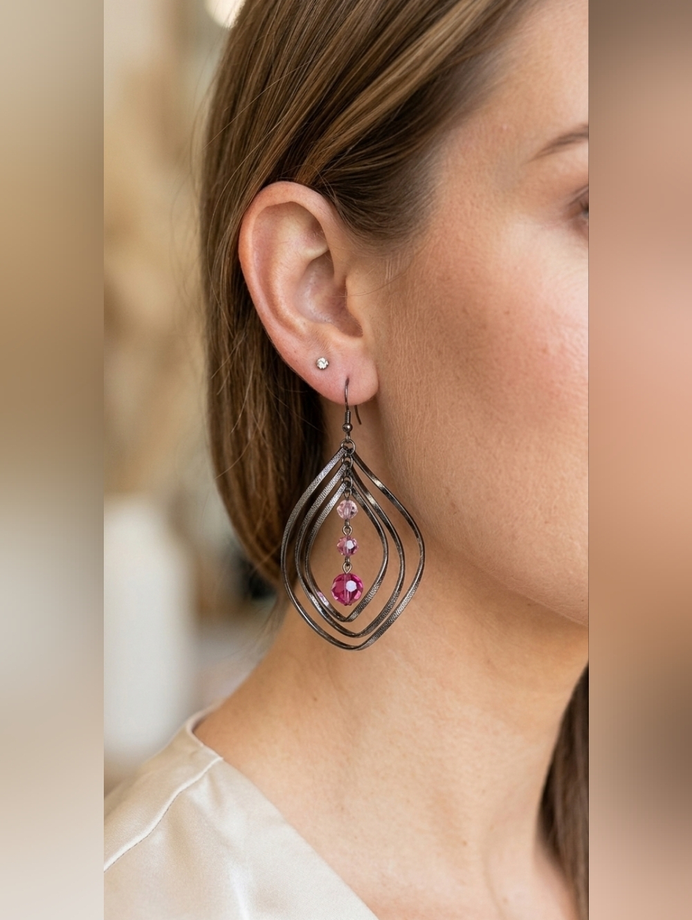 New York & Company NWT Pink Crystal Silver Triple Layer Teardrop Dangle Earnings